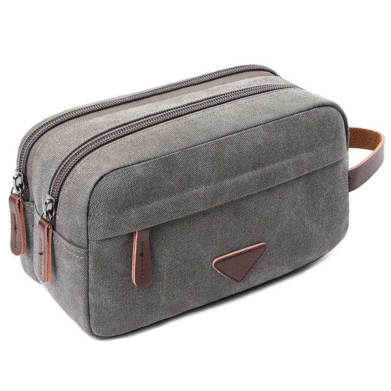 Mactso Mens Travel Toiletry Bag Canvas Leather Cosmetic Makeup Organizer Shaving Dopp Kits with Double Compartments (Gray) - Image 1